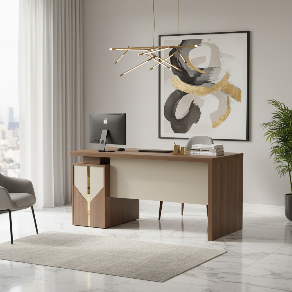 Luxury Walnut Office Desk with Gold Accent in Minimalist UAE Living Room – IH-L852-WAL
