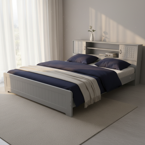 INFINI HOMES IH 706 Grey Wooden Bed Frame with Storage Headboard – Premium Double Bed UAE