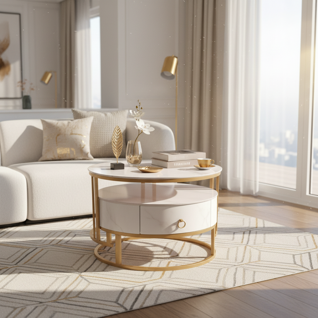 Sintered Stone Coffee Table Set (1+1) | White & Gold | IH 9002