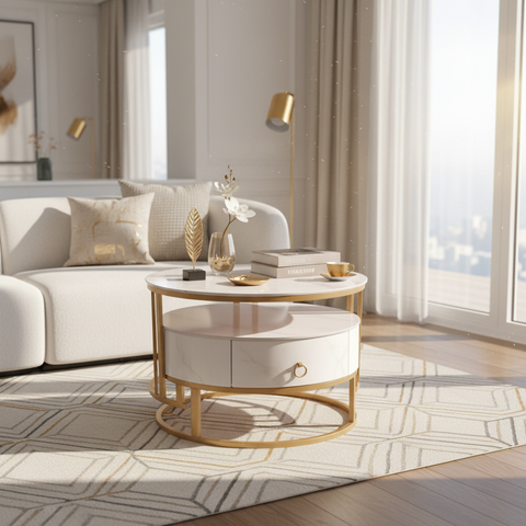 Sintered Stone Coffee Table Set (1+1) | White & Gold | IH 9002