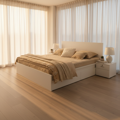 White Platform Bed Frame in Bright Airy Bedroom – Premium Furniture UAE