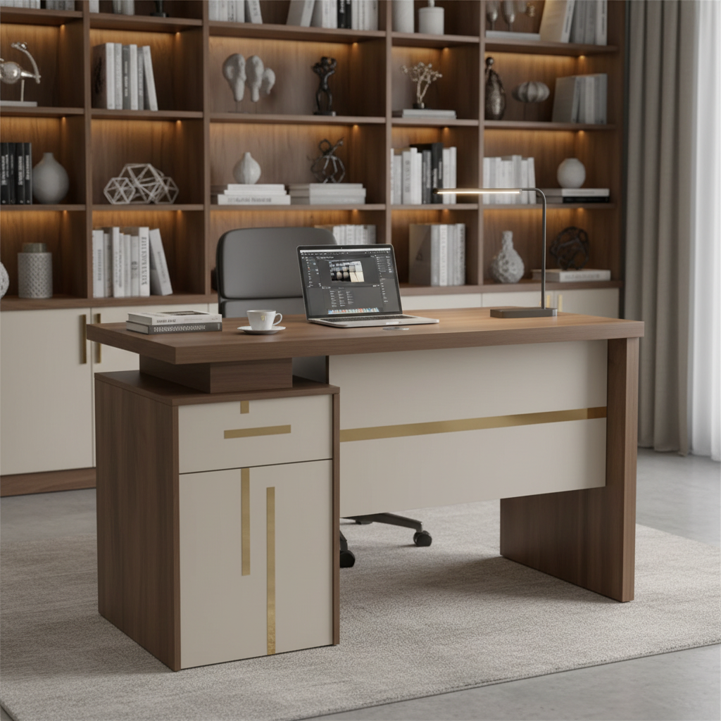Walnut modern office desk with storage cabinet and gold accents styled in a luxury home office with bookshelf – IH-T722-WAL available in Dubai UAE