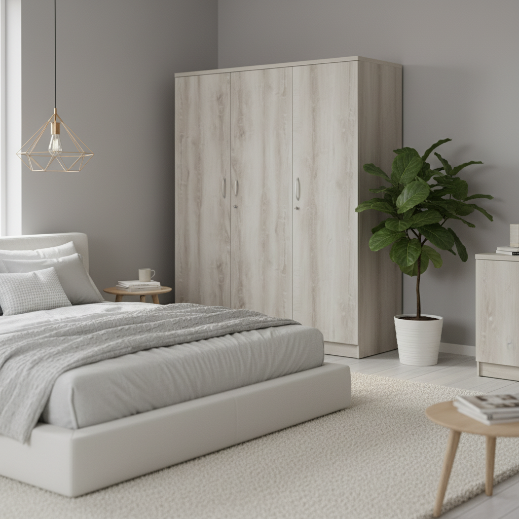 Three Door Wooden Wardrobe IH 933 in Modern Bedroom Setup – Premium Furniture Dubai Abu Dhabi UAE