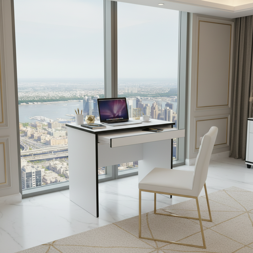 Wooden computer desk with drawer in luxury Dubai apartment home office – buy online UAE