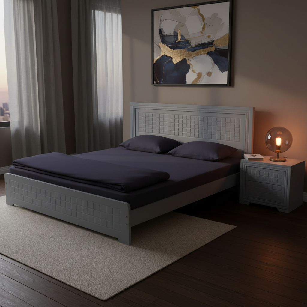 Grey-Blue Wooden Double Bed in Modern UAE Bedroom – Evening Lifestyle View 180x200 cm