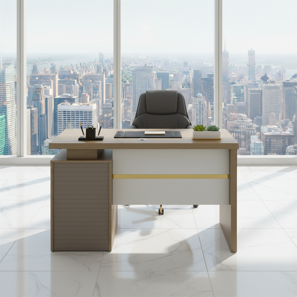 Beige Modern Office Desk IH-L952 with Side Cabinet – Premium Work Desk for Home Office UAE