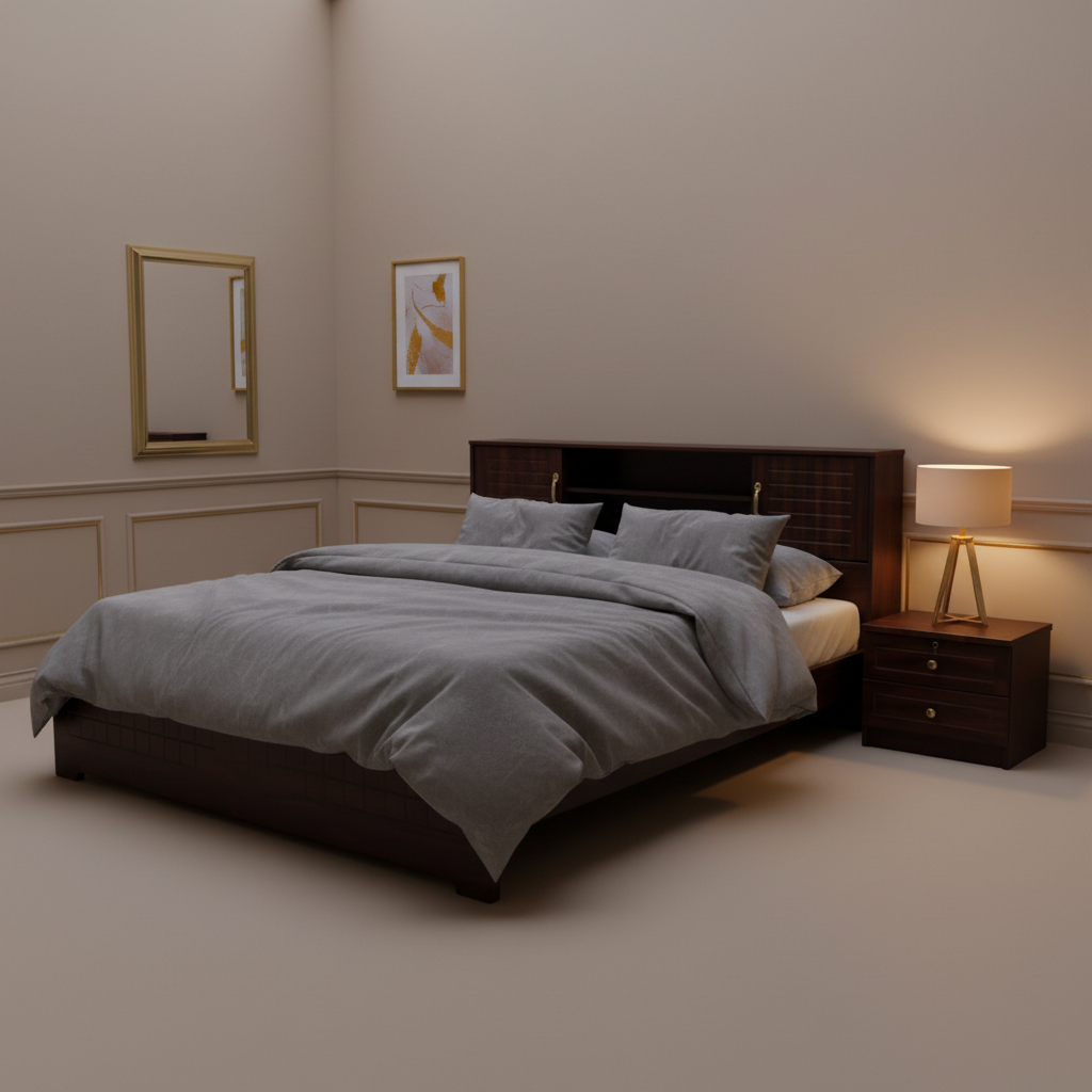 Dark Walnut Wooden Bed with Storage Headboard in Classic Warm Bedroom – Home Furniture UAE