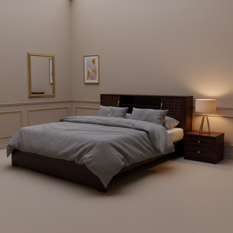 Dark Walnut Wooden Bed with Storage Headboard in Classic Warm Bedroom – Home Furniture UAE