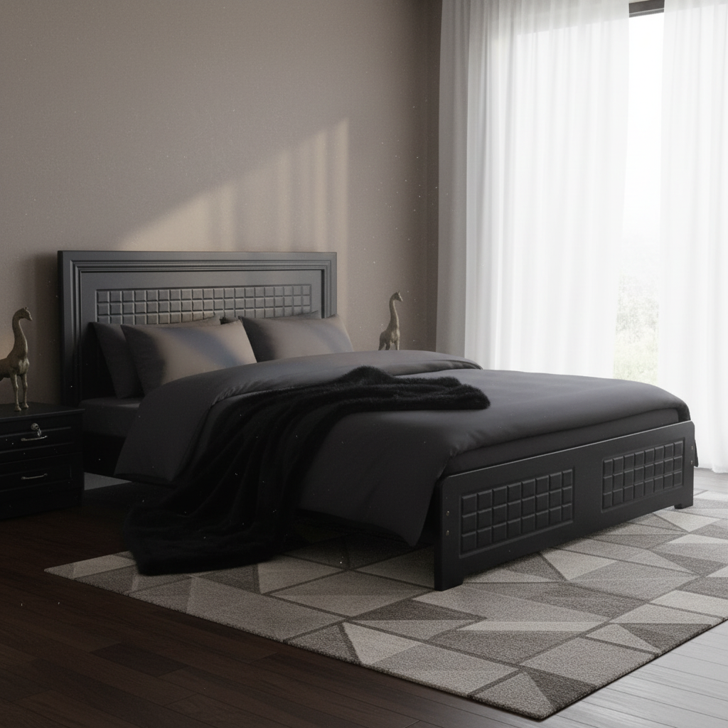Black Wooden Bed with Quilted Headboard in Bright Bedroom – Sharjah Dubai UAE