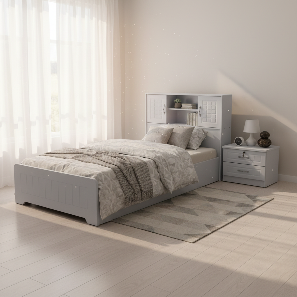 Single Wooden Bed with Storage Headboard in White Bedroom Setting | 190×90 cm | Delivered Across UAE Emirates