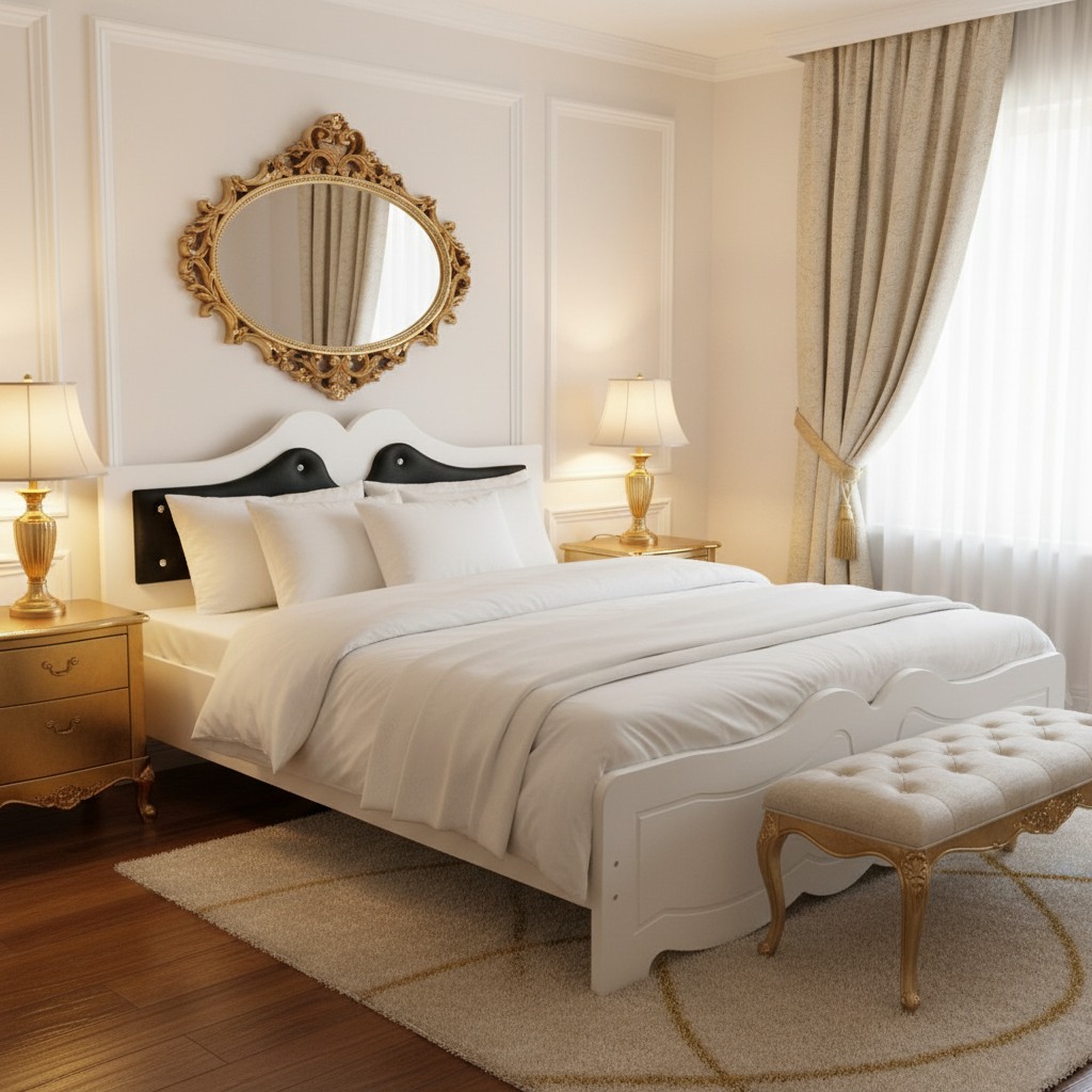 Classic White Wooden Bed Frame in Luxury Gold Bedroom Setting | UAE Home Furniture Dubai Abu Dhabi