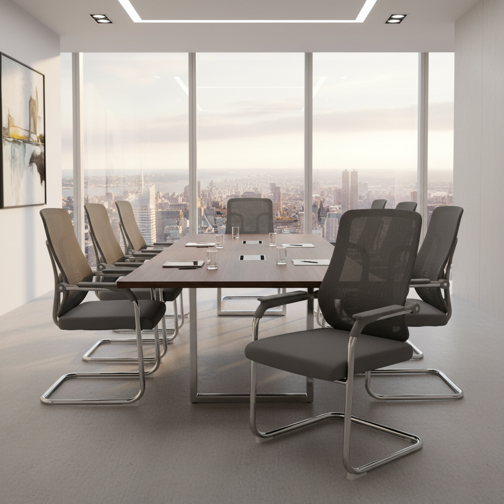 Mesh Visitor Chairs Around Conference Table with City Skyline View – Meeting Room UAE | IH 318V | INFINI HOMES