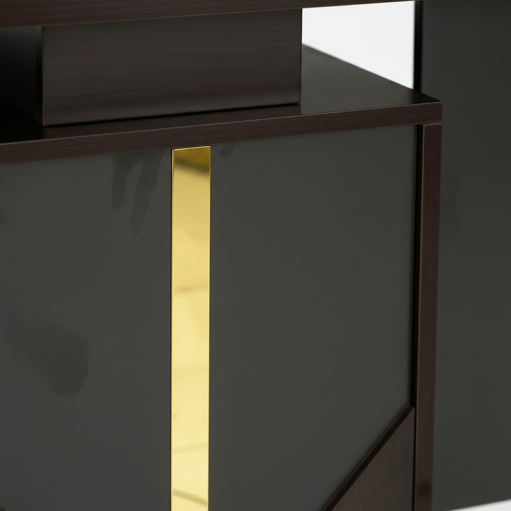 Close-Up of Wenge Office Desk Gold Accent Strip Detail – Premium Office Furniture Craftsmanship UAE