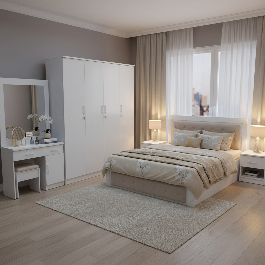 King Size Bedroom Furniture Set IH 467 – Upholstered Bed, White Wardrobe & Dressing Table | Delivery Across All UAE Emirates