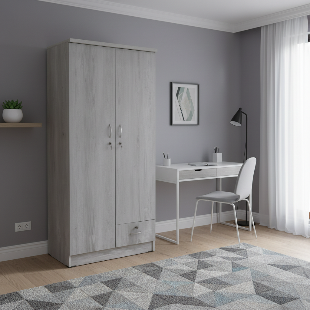 Two Door Wooden Wardrobe IH 621 in contemporary guest room with study desk – compact wardrobe UAE homes