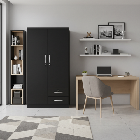 Black Wooden Wardrobe IH 622 in Home Office Setup with Desk and Shelves – Dubai Abu Dhabi UAE