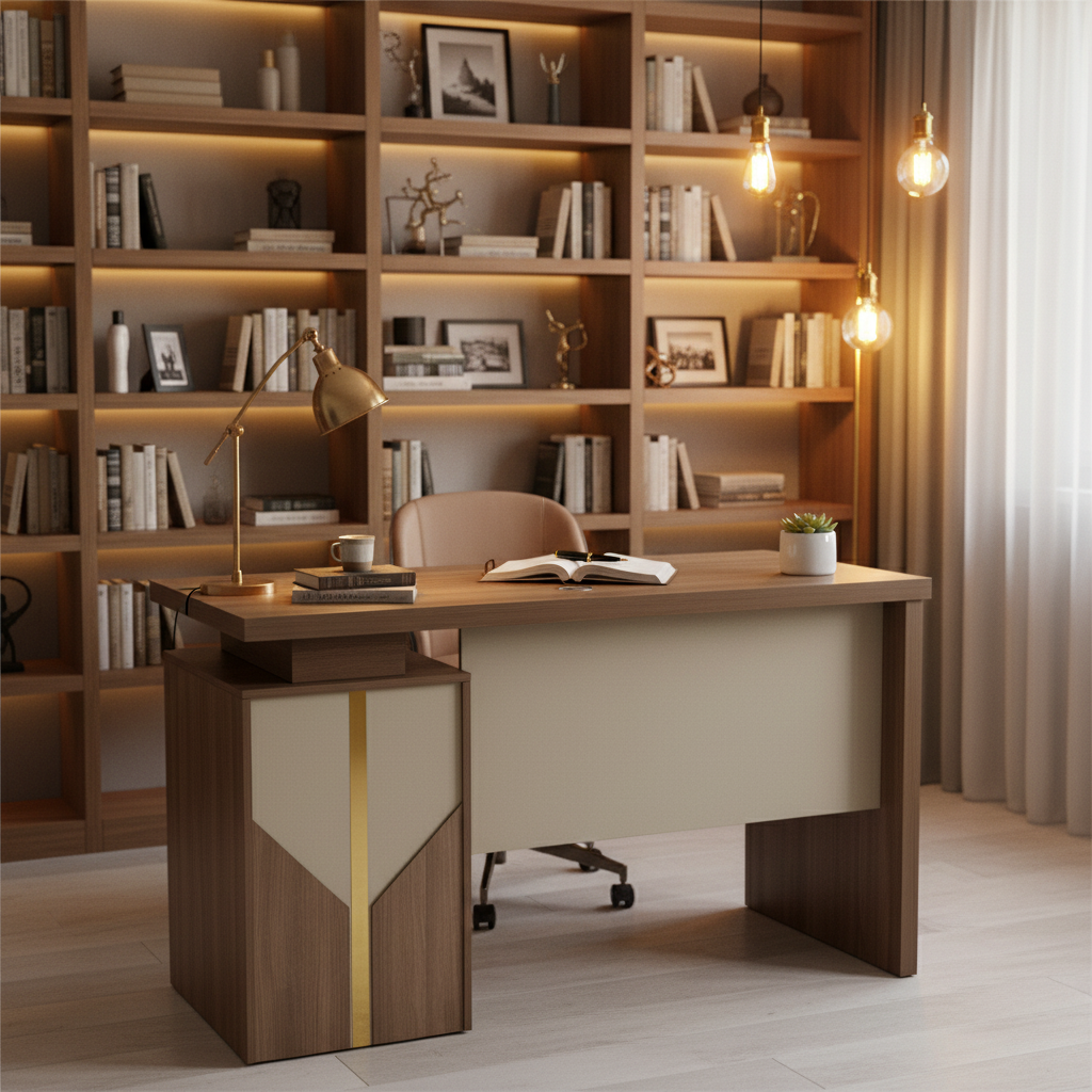 Premium Walnut Study Desk with Gold Detail in Warm Home Library – Office Furniture UAE IH-L852-WAL