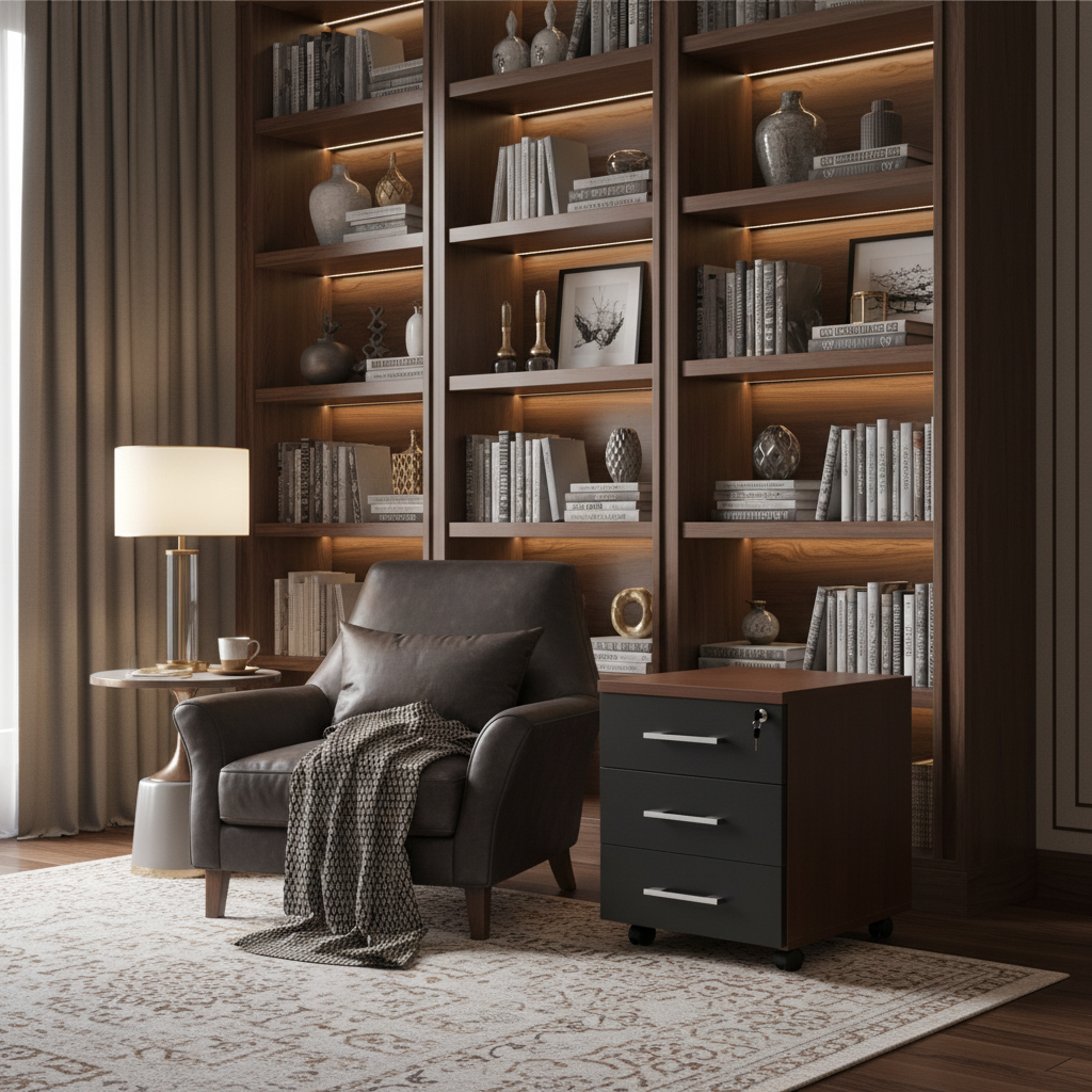 3 Drawer Mobile Pedestal beside leather armchair in luxury home study with floor-to-ceiling bookshelves – office furniture Dubai UAE