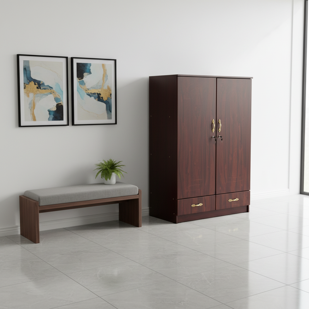Dark Mahogany 2-Door Wardrobe with Gold Handles in Modern-Classic Bedroom – Buy Wardrobe Dubai Abu Dhabi UAE | INFINI HOMES