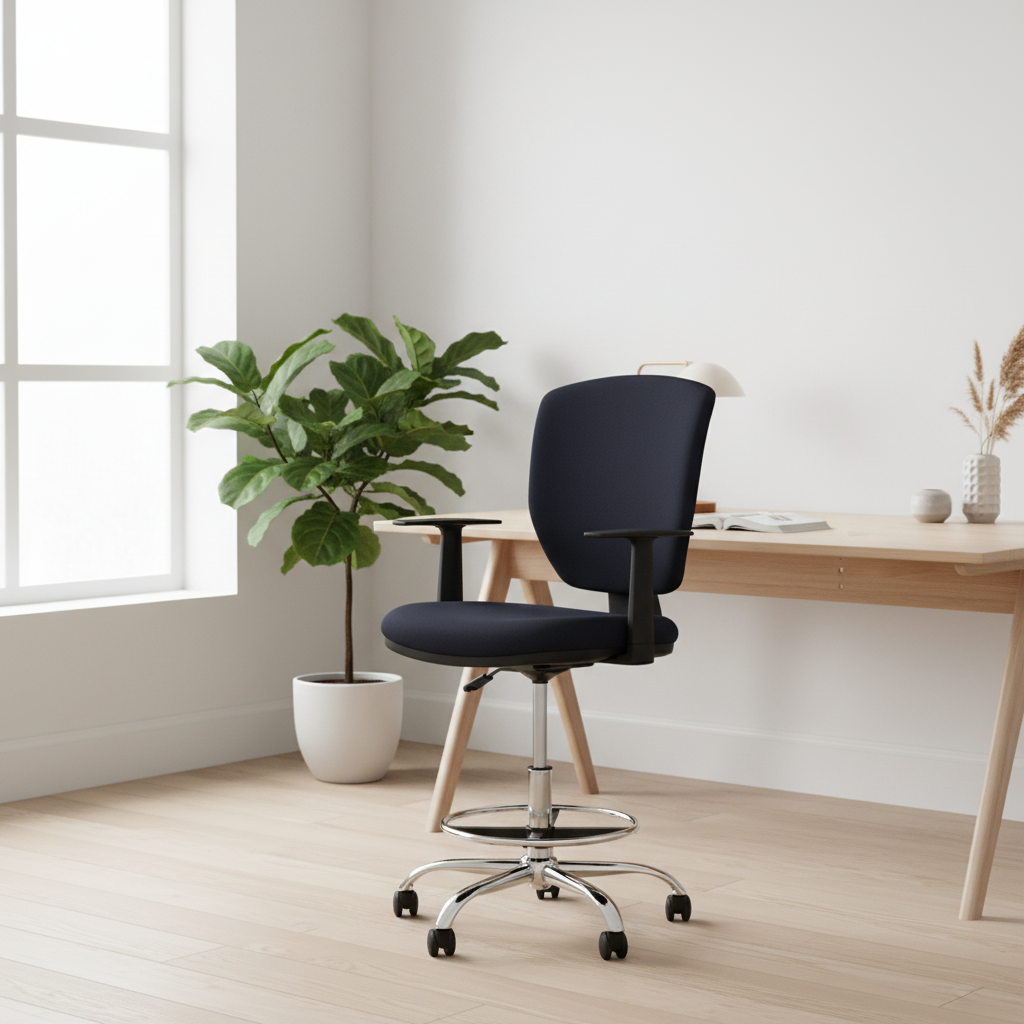 Black high-seating office chair with chrome foot ring in minimalist Scandinavian home office – Reception Chair IH 264, UAE delivery