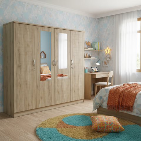 Four Door Wooden Wardrobe IH-7748 Teen Bedroom Setup – Modern Storage Cabinet Abu Dhabi Sharjah UAE