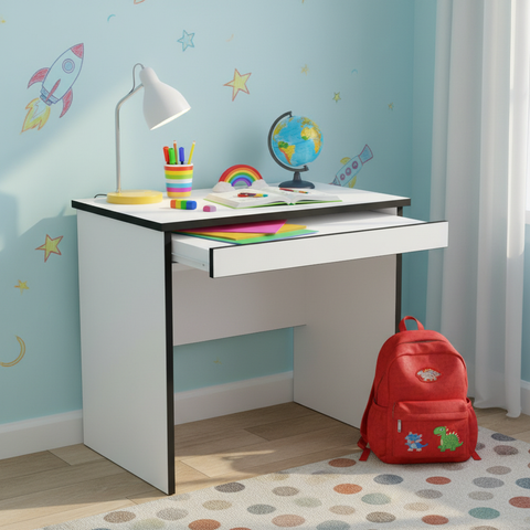 White wooden study desk with drawer in kids bedroom – children's computer table UAE