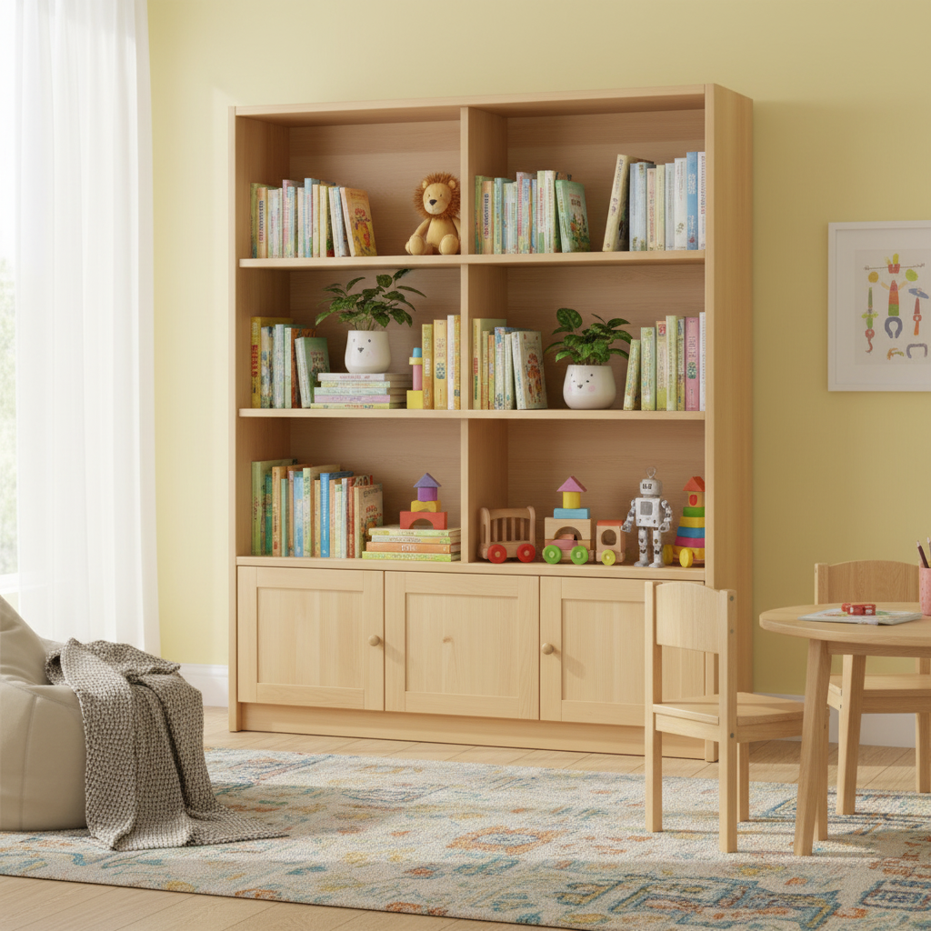 Kids Wooden Bookcase with Cabinet UAE | Natural Oak Storage Shelf for Children's Room Dubai