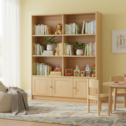 Kids Wooden Bookcase with Cabinet UAE | Natural Oak Storage Shelf for Children's Room Dubai