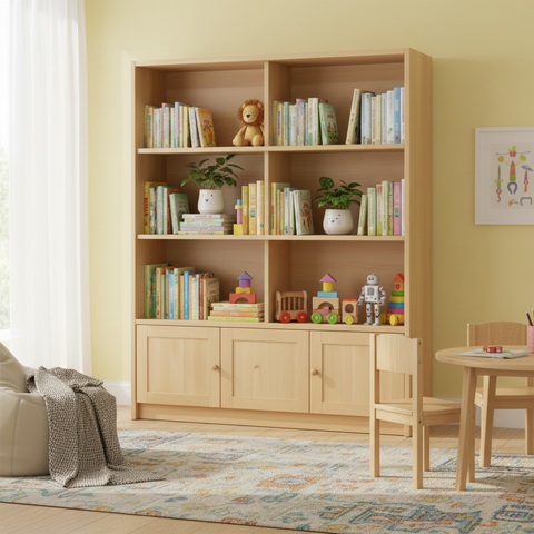 Kids Wooden Bookcase with Cabinet UAE | Natural Oak Storage Shelf for Children's Room Dubai
