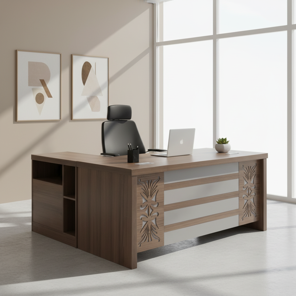 Modern executive office desk 160cm with side return unit in bright UAE office interior – IH-718 teak finish