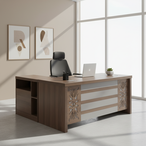 Modern executive office desk 160cm with side return unit in bright UAE office interior – IH-718 teak finish