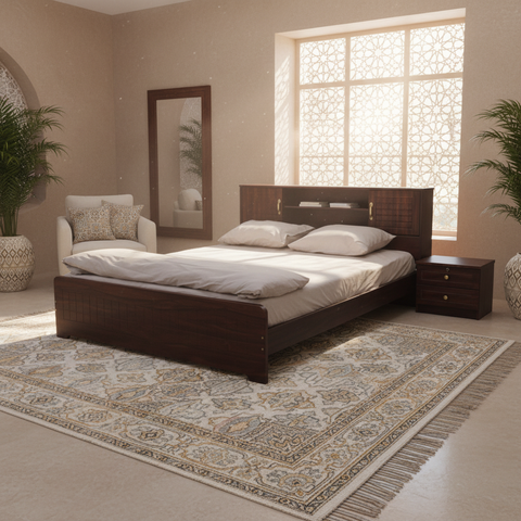 Dark Walnut Bed with Storage Headboard in Arabic-Style Bedroom – Bedroom Furniture Dubai UAE