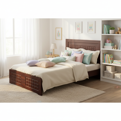 Single Wooden Bed Dark Walnut Kids Youth Bedroom Pastel Decor UAE Dubai