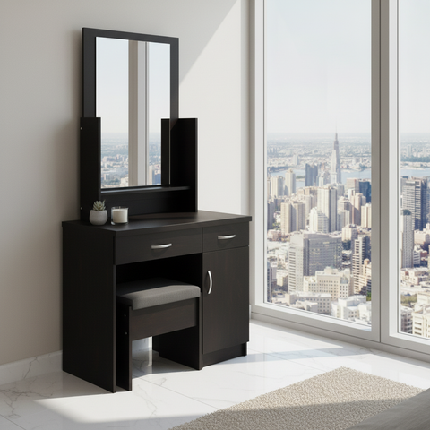 Dark Dressing Table with Mirror and Stool in Modern Dubai Apartment | Premium Bedroom Furniture UAE | INFINI HOMES