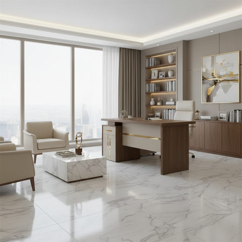 Luxury walnut executive office desk with gold trim in a premium marble-floor office interior – IH-T722-WAL modern office table Dubai UAE