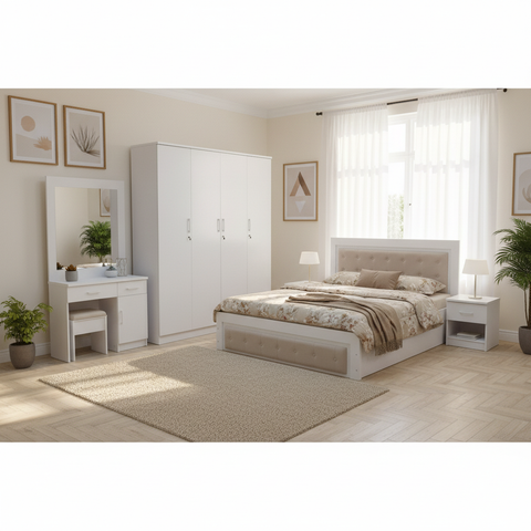 Modern White Bedroom Set IH 467 King Size – Wooden Bed 180x200, Wardrobe, Dressing Table & Nightstand | UAE Home Furniture