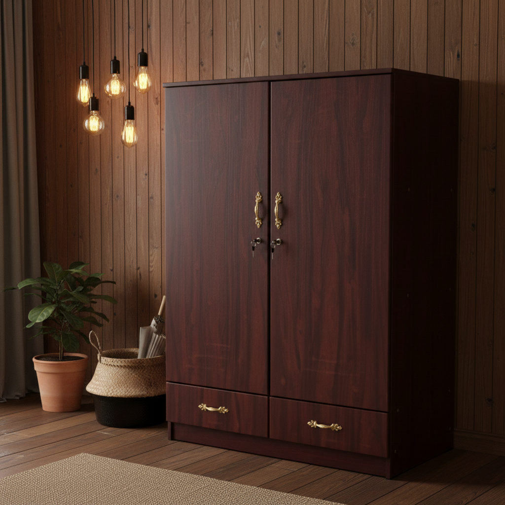 Dark Mahogany Wooden Wardrobe with Brass Handles in Warm Wood-Panelled Room – Premium Wardrobe UAE | INFINI HOMES
