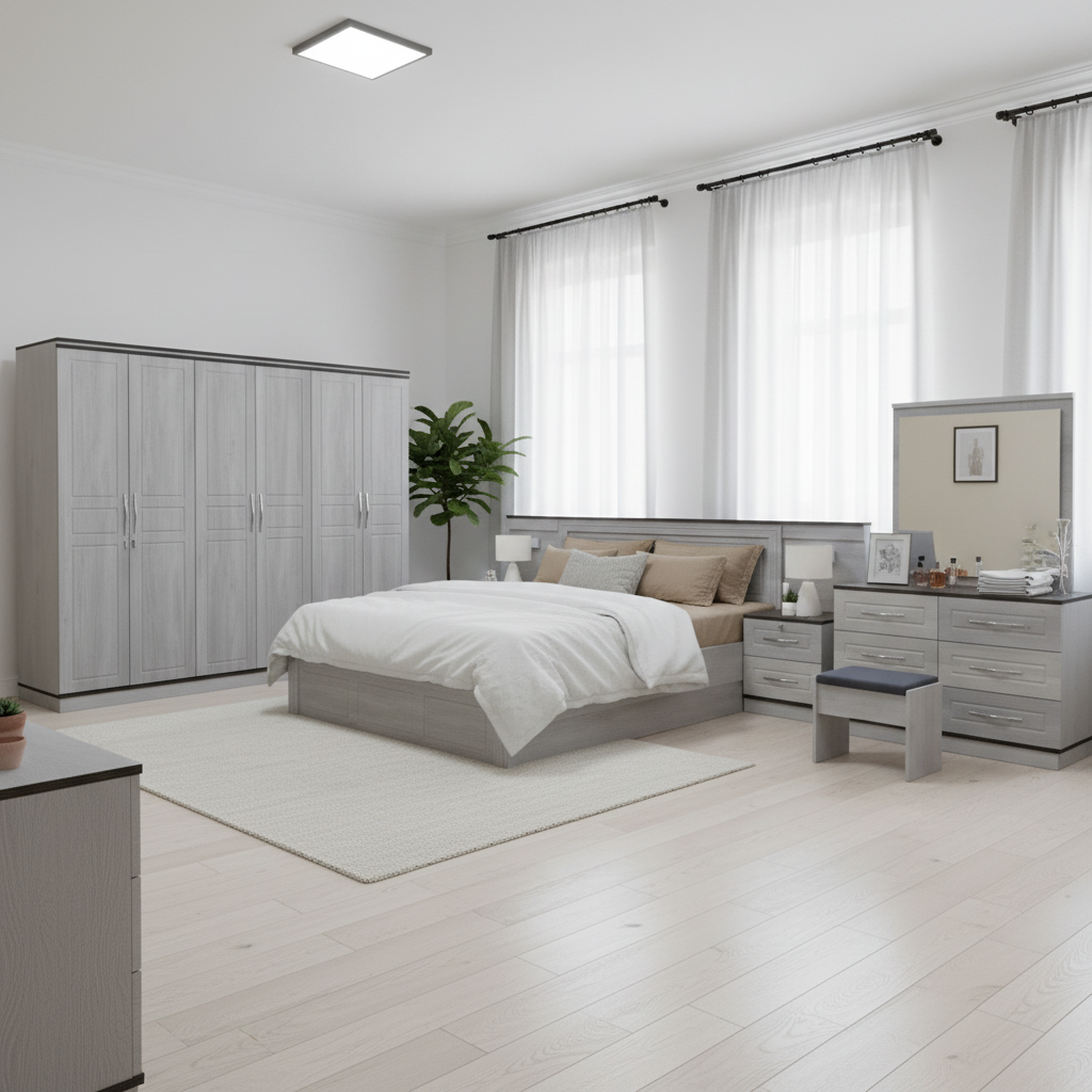 Modern Grey Bedroom Furniture Set with Wardrobe, Bed & Dresser | UAE Delivery to Dubai, Abu Dhabi & All Emirates