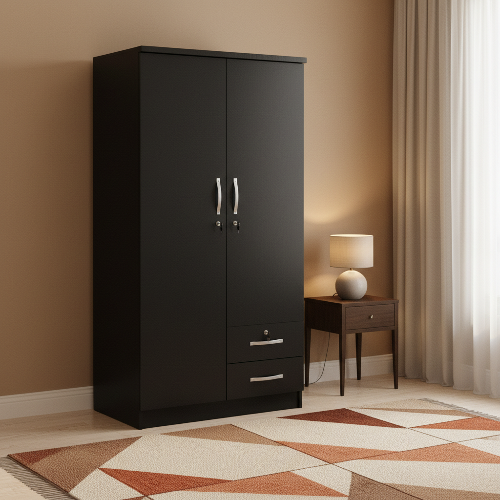 Black Two Door Wardrobe IH 622 in Warm-Toned UAE Apartment Bedroom with Bedside Lamp