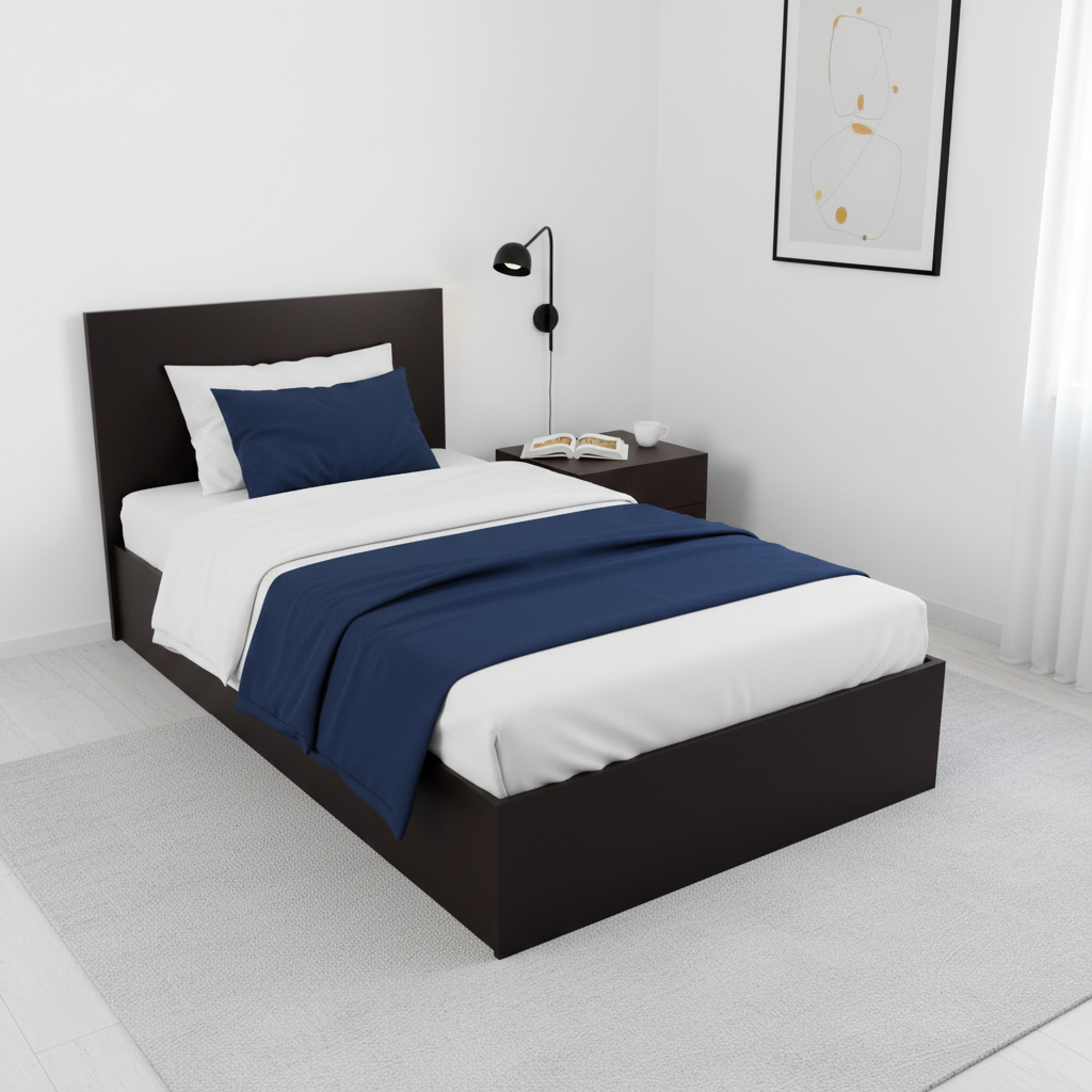 Dark Wood Single Bed with Navy Bedding in Minimalist Bedroom – Single Bed Dubai, Abu Dhabi & UAE