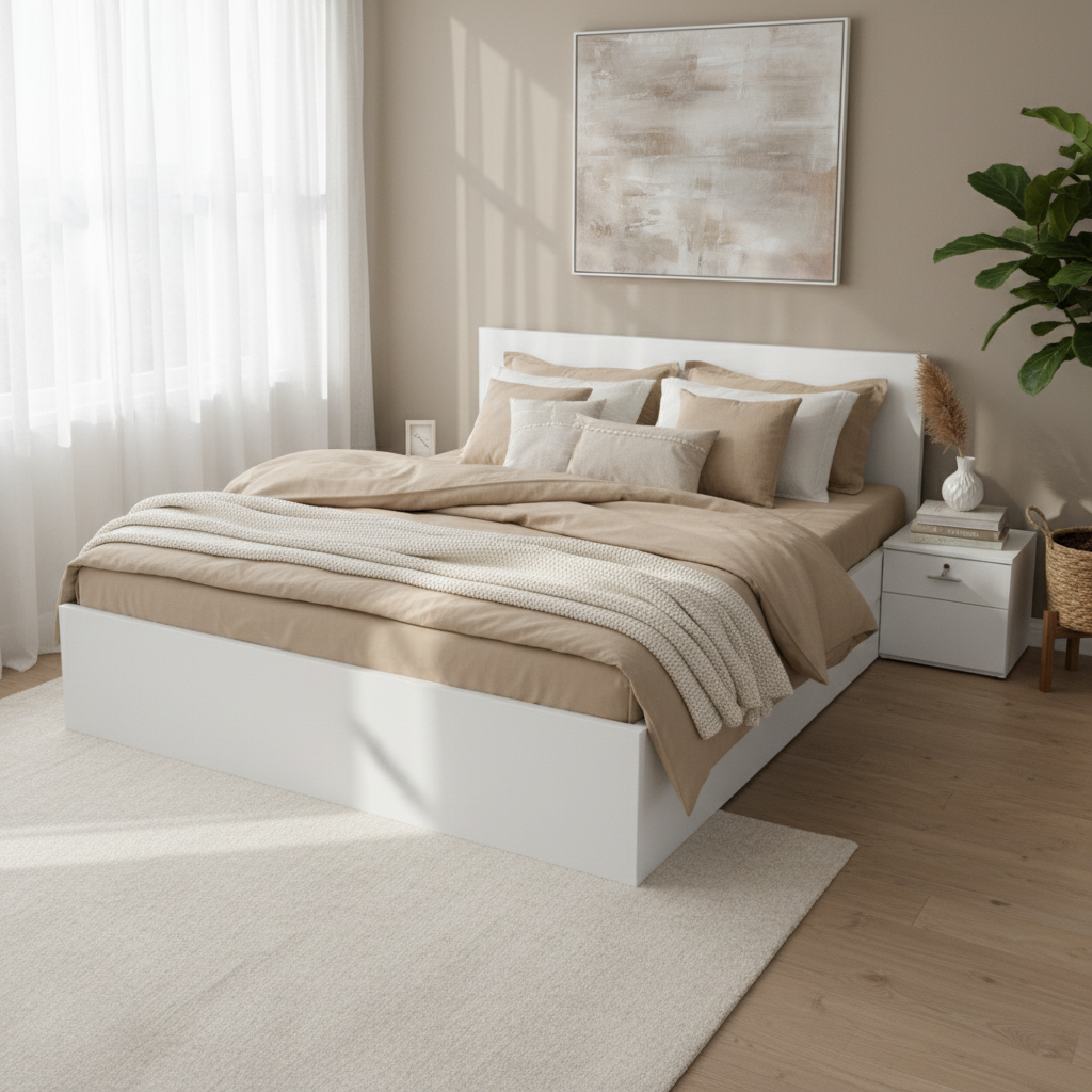 White Low-Profile Bed Frame in Contemporary Bedroom – Buy Online UAE All Emirates