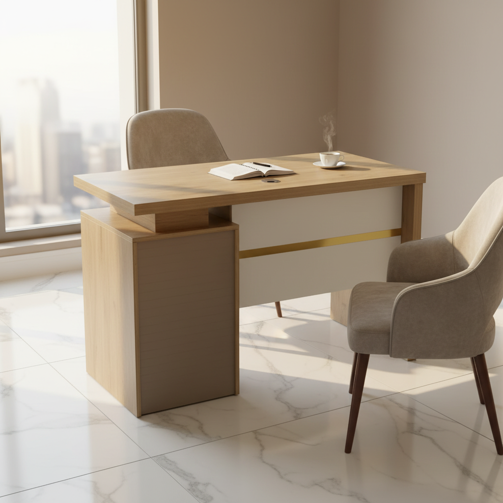 Modern Beige Office Table with Gold Trim in Bright UAE Office – Minimalist Desk 120cm 140cm