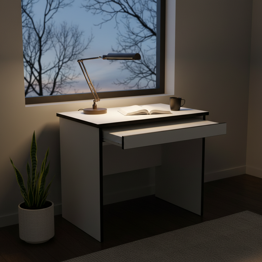 Compact wooden office desk with drawer and desk lamp in cozy home study – buy in UAE