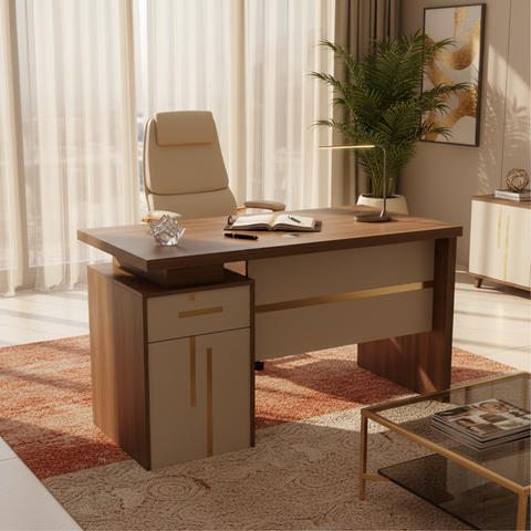 Modern walnut office table IH-T722-WAL styled in a contemporary workspace – premium office furniture available in Dubai Abu Dhabi UAE