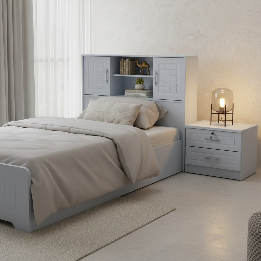 Single Wooden Bed with Open Shelf Headboard & Bedside Table | Grey | 190×90 cm | UAE Home Furniture