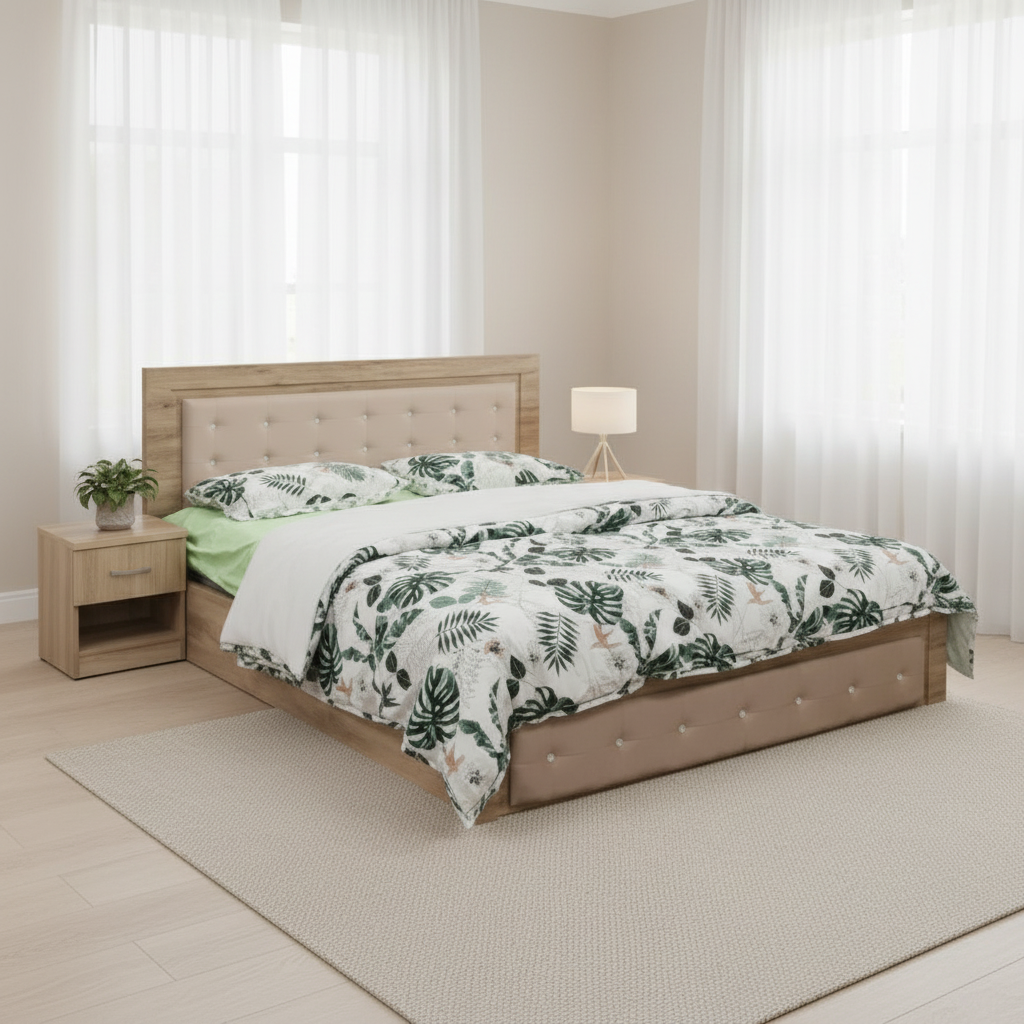 Modern Wooden Double Bed with Beige Tufted Headboard in Minimalist Bedroom | UAE Home Furniture | INFINI HOMES