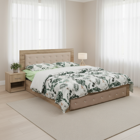 Modern Wooden Double Bed with Beige Tufted Headboard in Minimalist Bedroom | UAE Home Furniture | INFINI HOMES