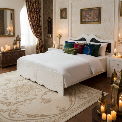 White Double Bed Frame in Arabian-Style Bedroom with Moroccan Decor | Premium Furniture UAE