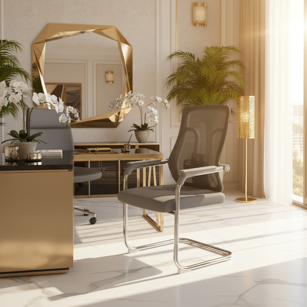 Mesh Back Visitor Chair in Luxury Gold Office Interior UAE – IH 318V | INFINI HOMES