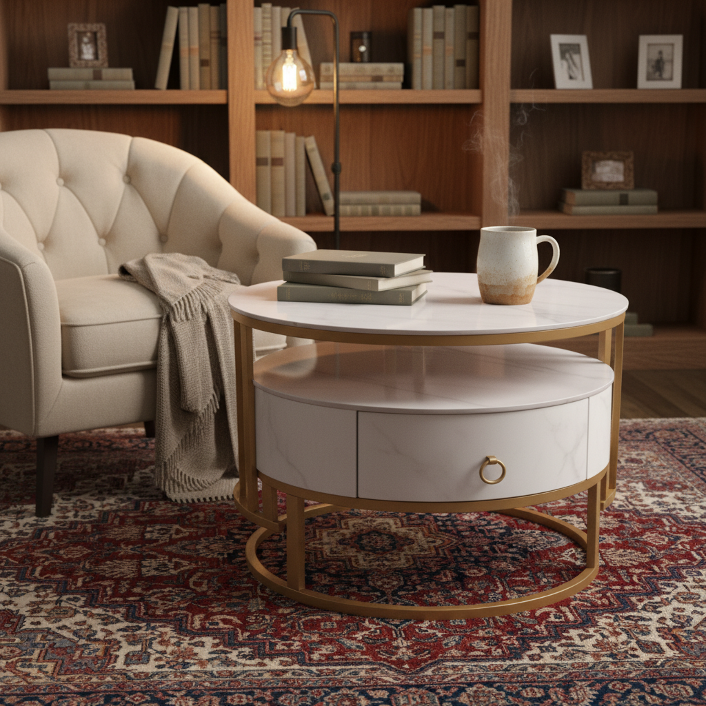Sintered Stone Coffee Table Set (1+1) | White & Gold | IH 9002
